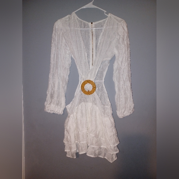 White Deep V-Neck Long Sleeve Side Out Waist Dress - Picture 6 of 8